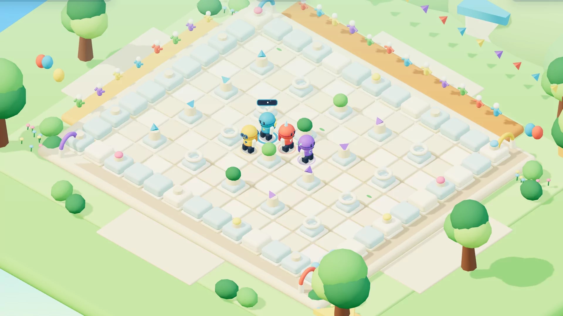 Bomber Battle arena viewed from above with four colorful competitors and destructible blocks